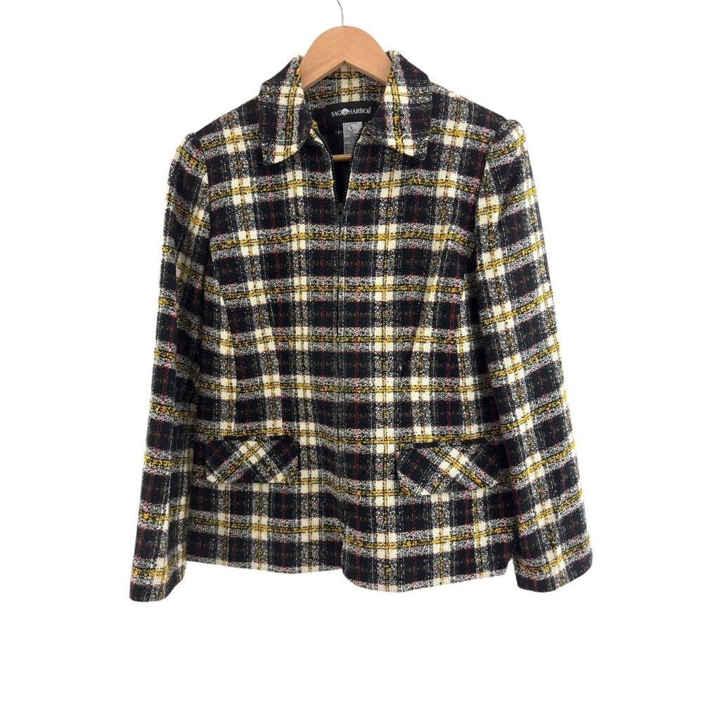 Sag Harbor Plaid Tweed Boucle Zip Front Blazer Jacket Lined Size 10‎ Office Work